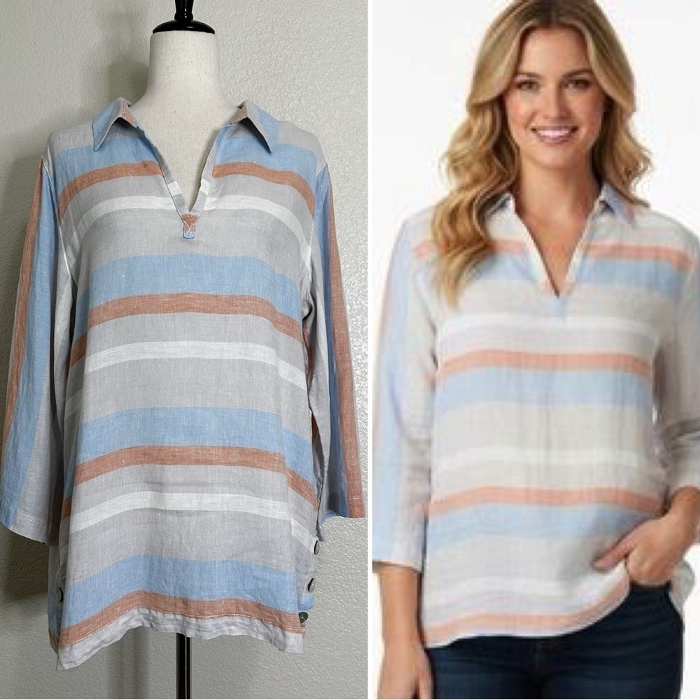 Cynthia Rowley 100% Linen Striped Side-Button 3/4 Sleeves Tunic Top, Sz Large